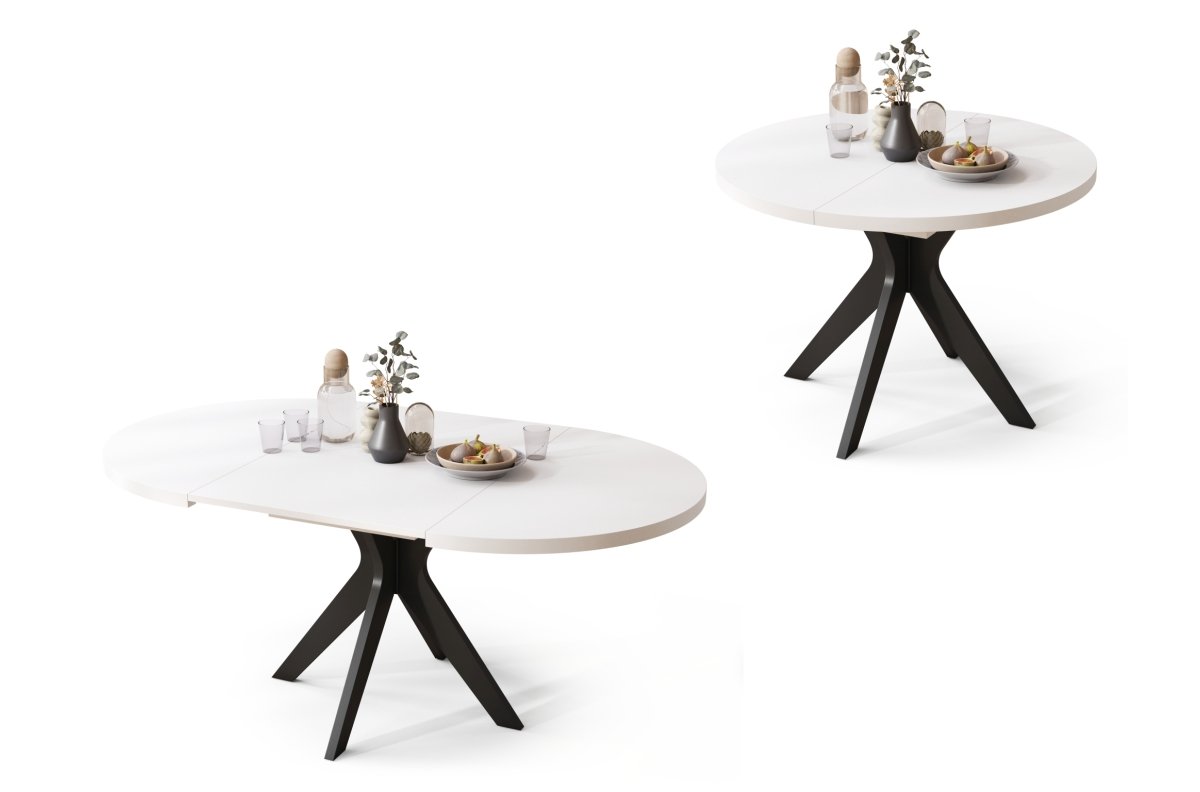 RENZO White/black leg - ROUND TABLE Ø110, EXTENDABLE UP TO 180 CM | FOR KITCHEN DINING LIVING ROOM RETRO