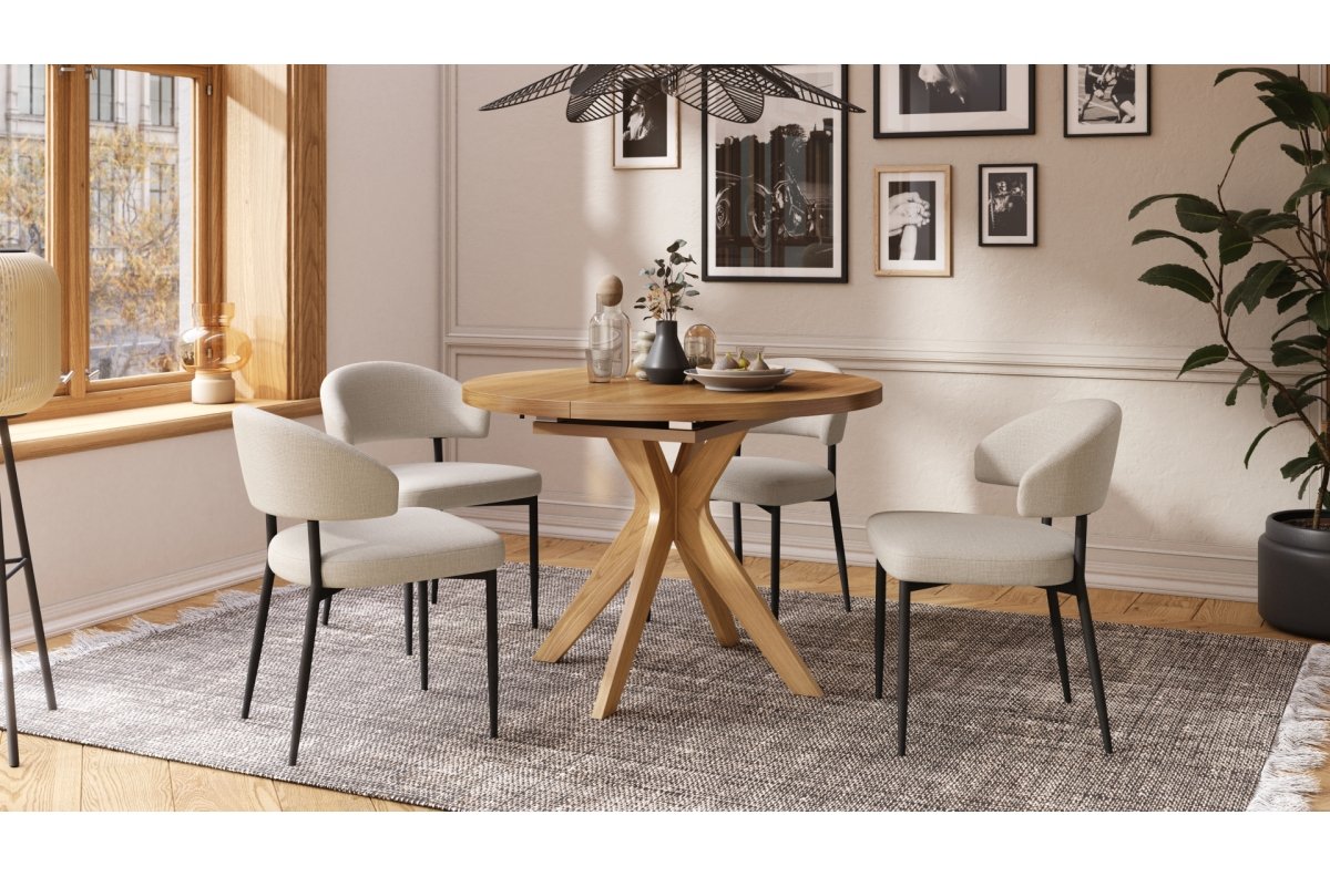 RENZO natural oak color - round wooden table Ø110, extendable to 180 cm | For kitchen, dining room, living room, retro style - Image 6