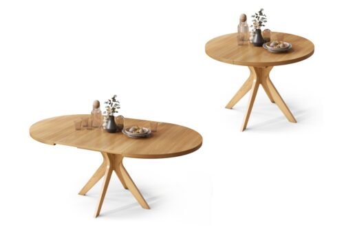 RENZO natural oak color – round wooden table Ø110, extendable to 180 cm | For kitchen, dining room, living room, retro style