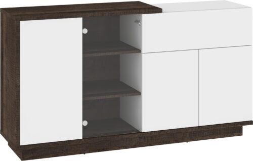 HYBRID 08 furniture display cabinet with drawer for living room, oak color, glossy whiteHYBRID