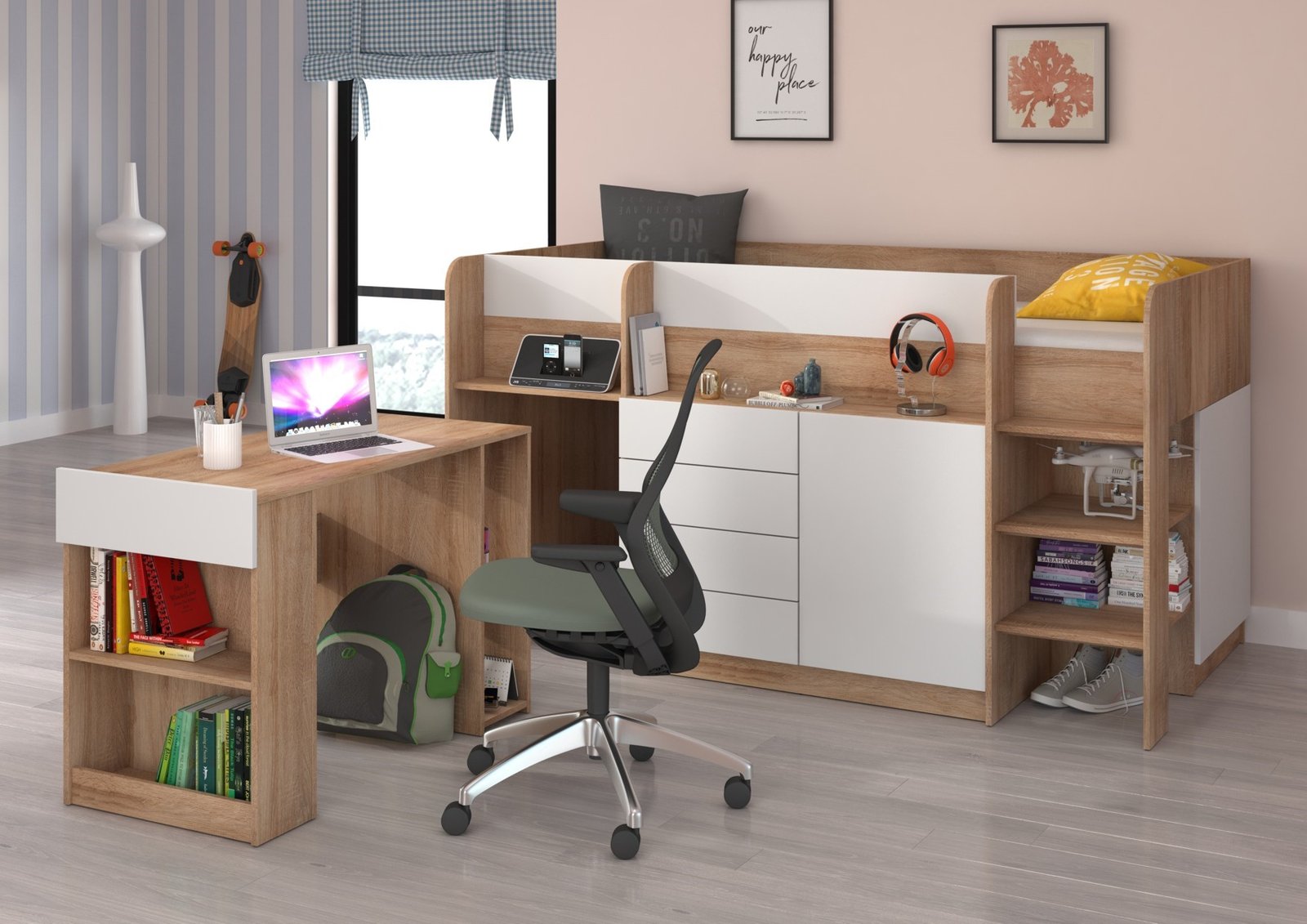 EMI P bunk bed, desk, chest of drawers, mezzanine, Sonoma oak, white