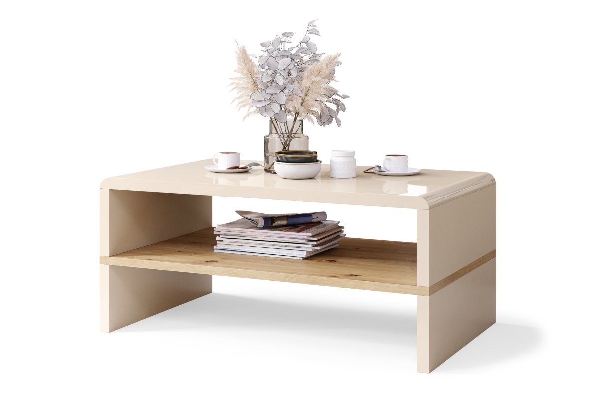 ROCK beige glossy / artisan oak - MODERN LIVING ROOM COFFEE TABLE WITH SHELF