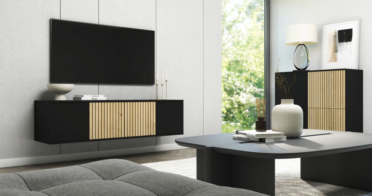 Loft-style TV cabinet with grilles, 140 cm, Ross