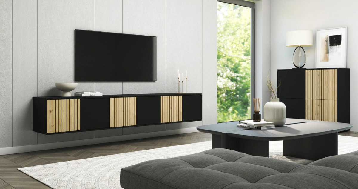 Loft-style TV cabinet with grille, 210 cm, Ross