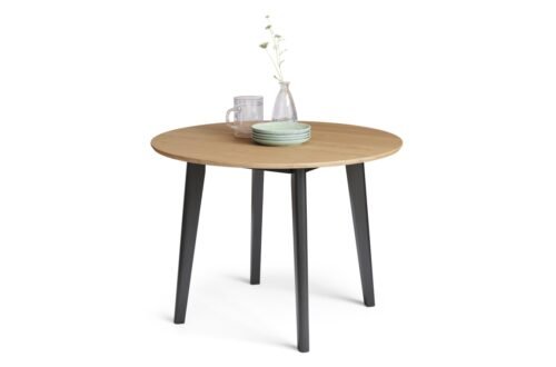 ROXY natural oak/black frame – round wooden table for kitchen/dining room, retro style
