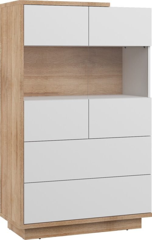 HYBRID 28 low display cabinet with drawers for living room, Sonoma oak, white polishedHYBRID