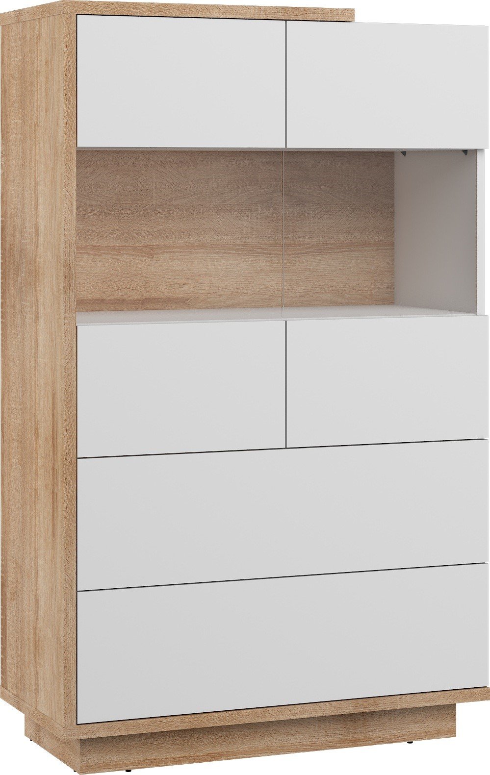 HYBRID 28 low display cabinet with drawers for living room, Sonoma oak, white polishedHYBRID
