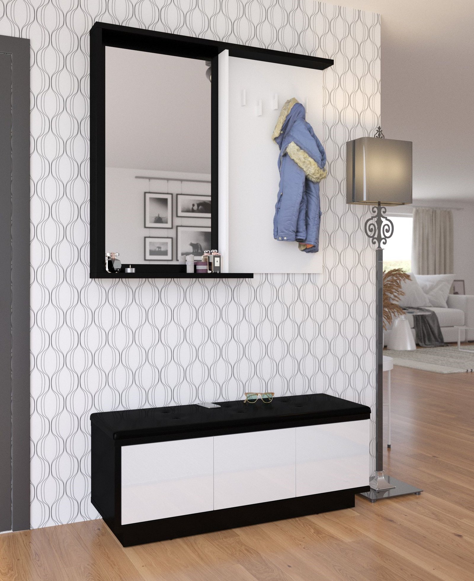 HYBRID furniture No. 5 hallway with mirror, cabinet with seat, black and white glossyHYBRID