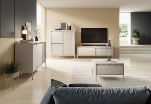 Living room wall cabinet with grooves, beige