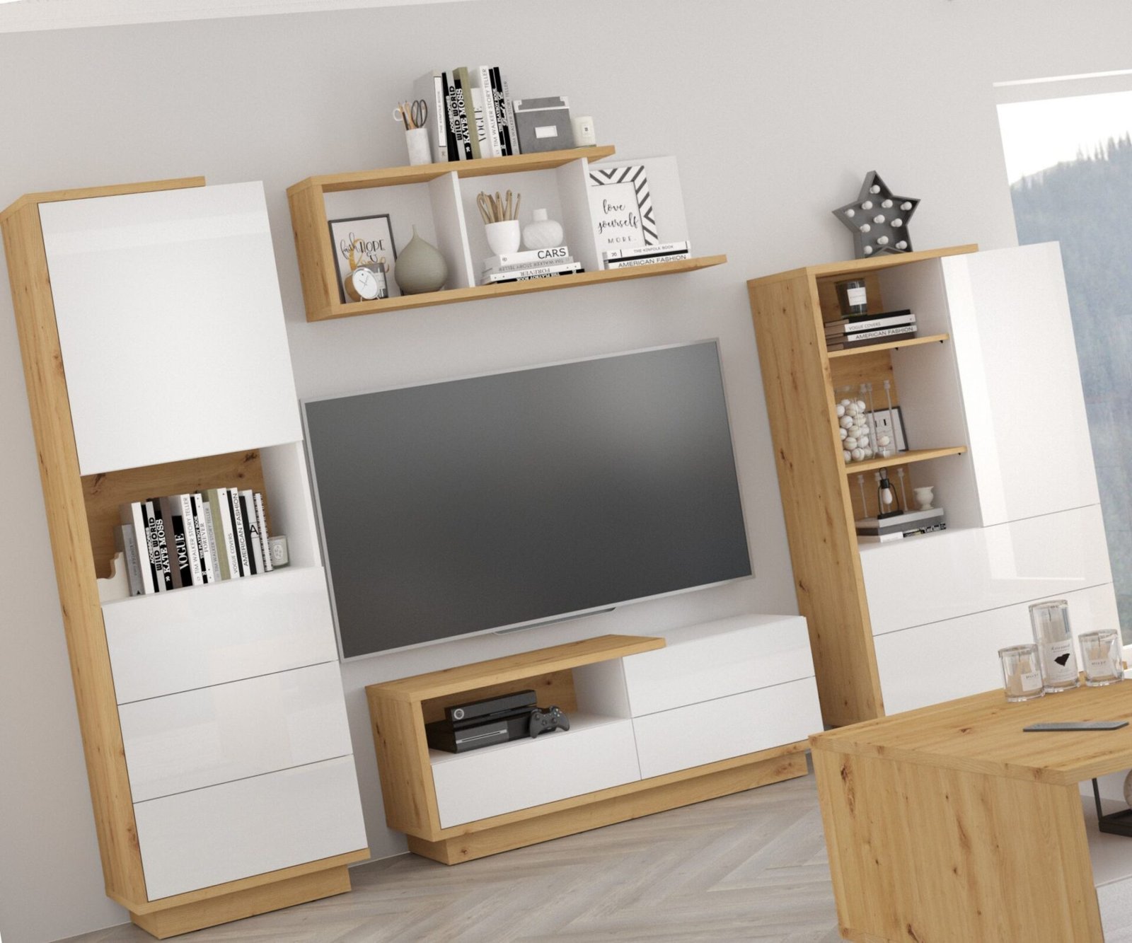 HYBRID #1 living room furniture, bookshelf, TV cabinet, shelf, artisan oak, white glossy colorHYBRID - Image 3