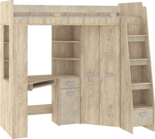 SOLA P almond gray bunk bed with table, corner wardrobe, mezzanine