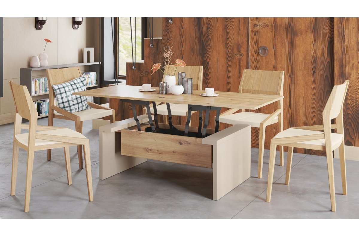 SPACE Artisan Oak/Beige (Champagne) - Coffee table with extendable and liftable tabletop - Image 2