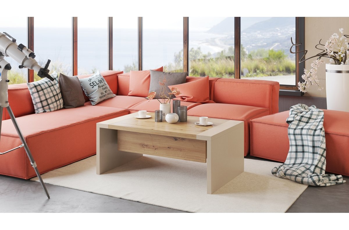 SPACE Artisan Oak/Beige (Champagne) - Coffee table with extendable and liftable tabletop - Image 3