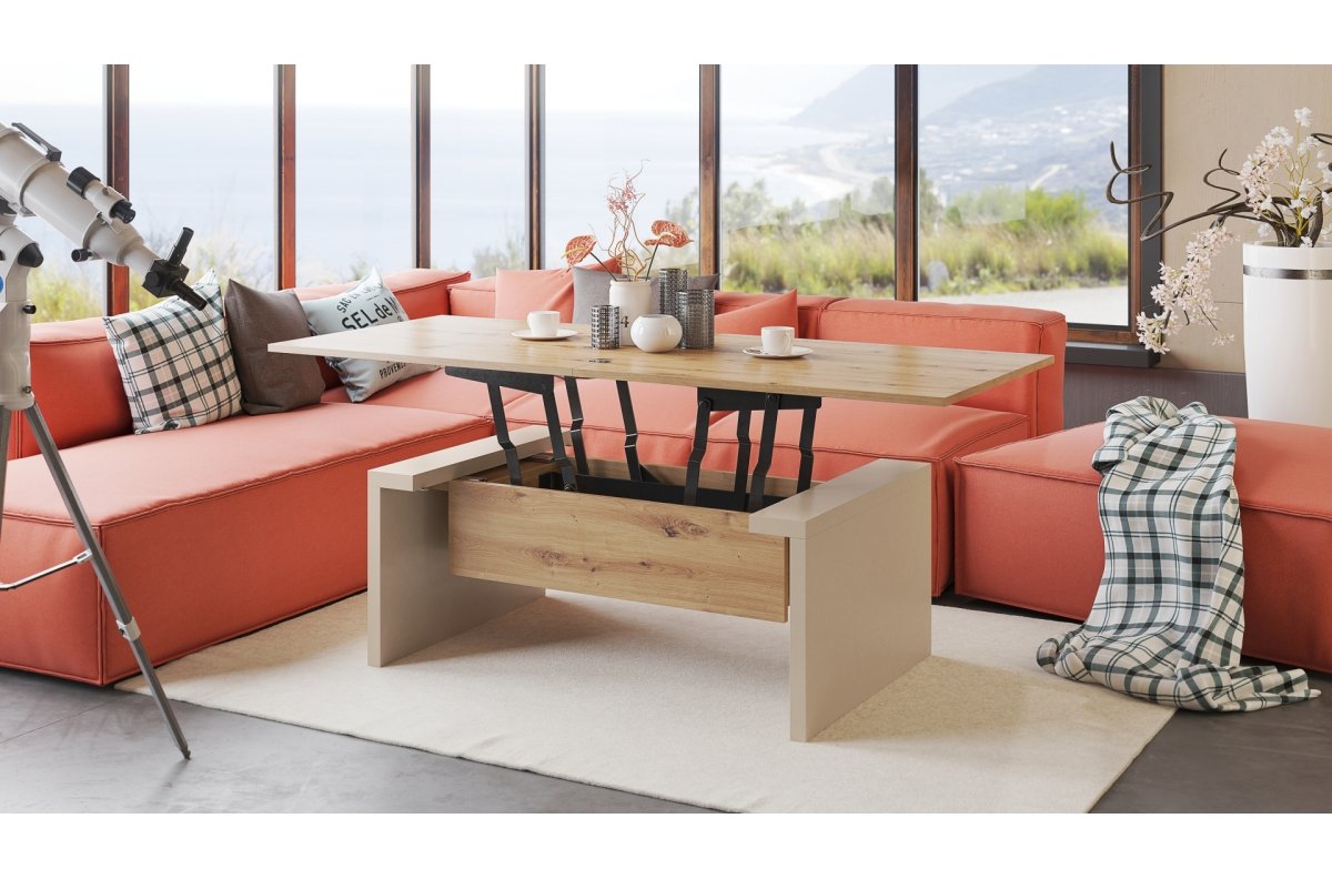 SPACE Artisan Oak/Beige (Champagne) - Coffee table with extendable and liftable tabletop - Image 4