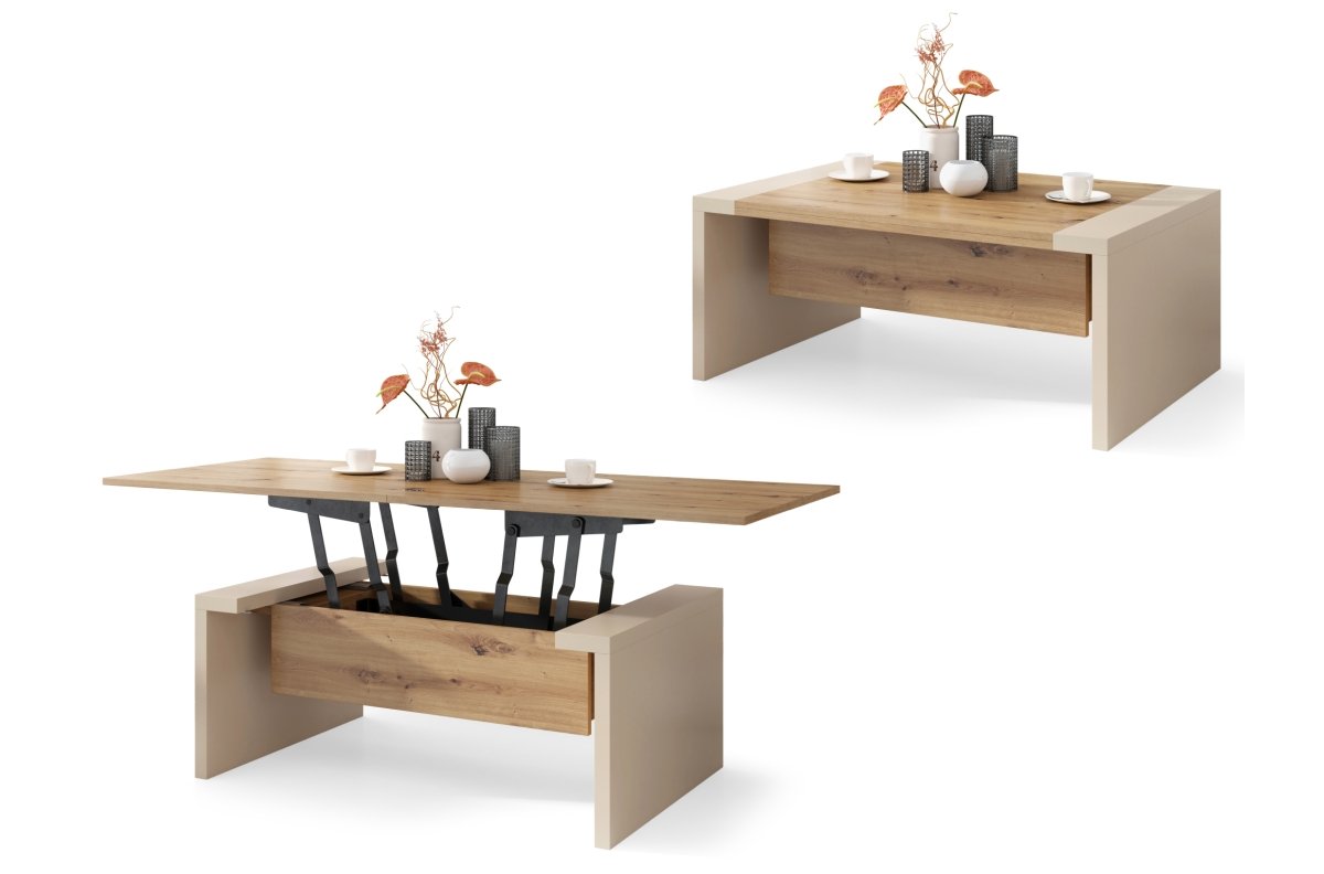 SPACE Artisan Oak/Beige (Champagne) - Coffee table with extendable and liftable tabletop