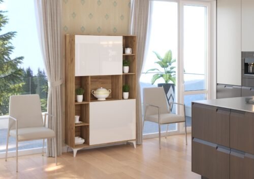MEGAN 2-piece bookcase + desk, oak gold color / white color, glossy