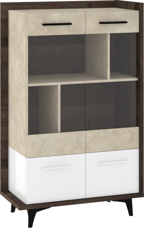 BOX 12 furniture, low living room display cabinet with doors, oak color, white, granada mi