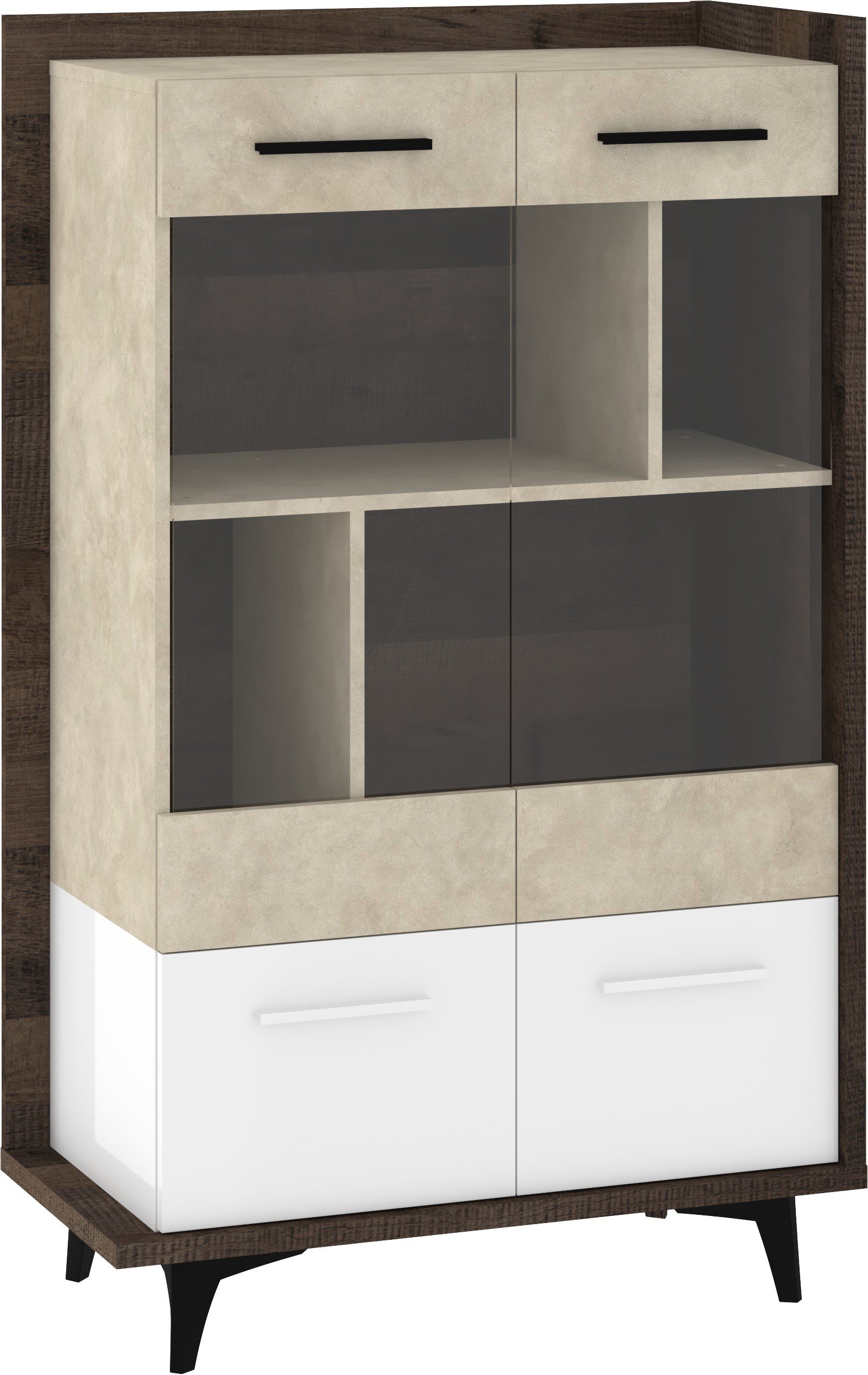 BOX 12 furniture, low living room display cabinet with doors, oak color, white, granada mi
