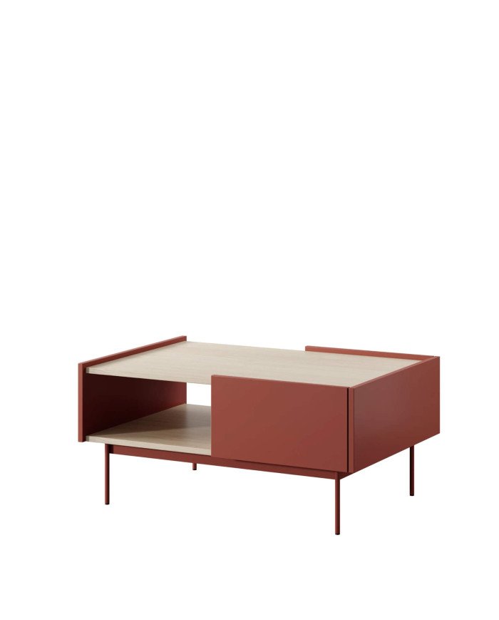 Coffee table, COLOR L97, shelf, drawers, ceramic red / Linea oak