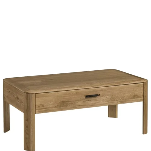 MONACO coffee table with drawer – MONA.075.14 natural oak veneer with solid wood elements, honey-colored wooden legs