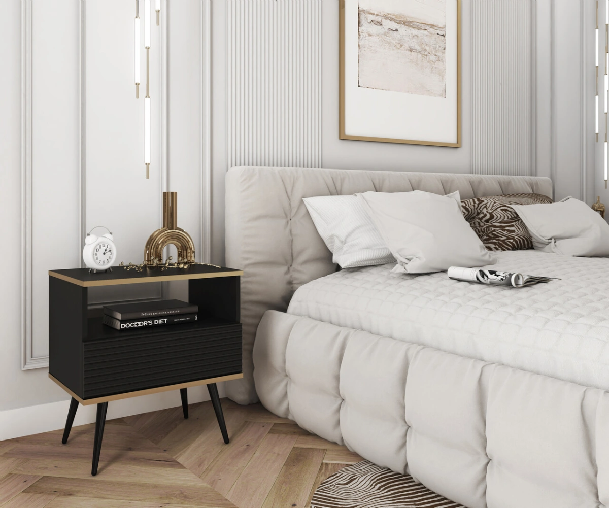 Oro S54 black grooved MDF bedside table with drawer - Image 3