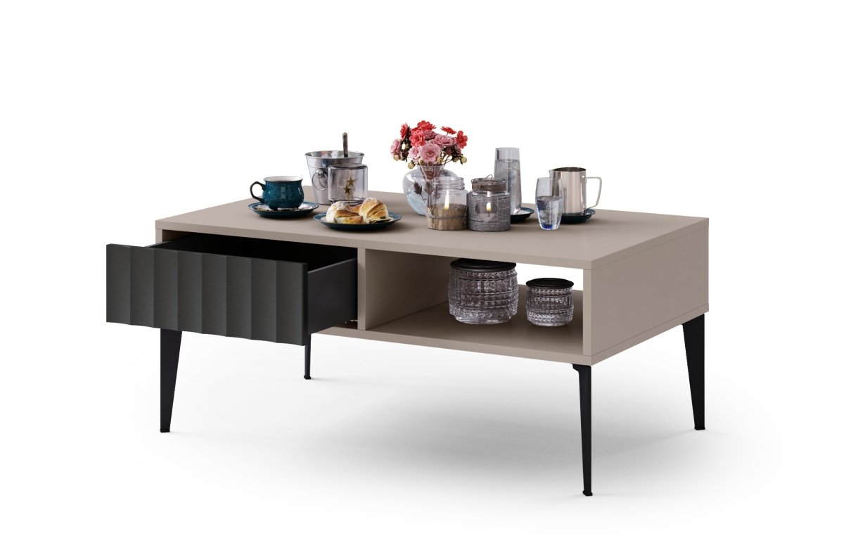 RIMINI S-100 brownish gray/matte black coffee table - MODERN COFFEE TABLE WITH DRAWERS/SHELVES AND GROOVED FRONTS - Image 4