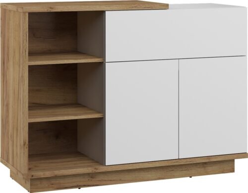 HYBRID 06 furniture, chest of drawers with shelves, doors, oak products, gold, white glossy colorHYBRID