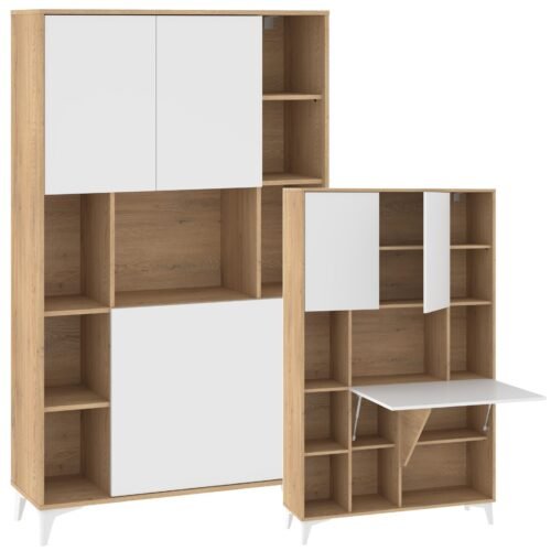 MEGAN 2-piece bookcase + folding table, cremona oak / white glossy