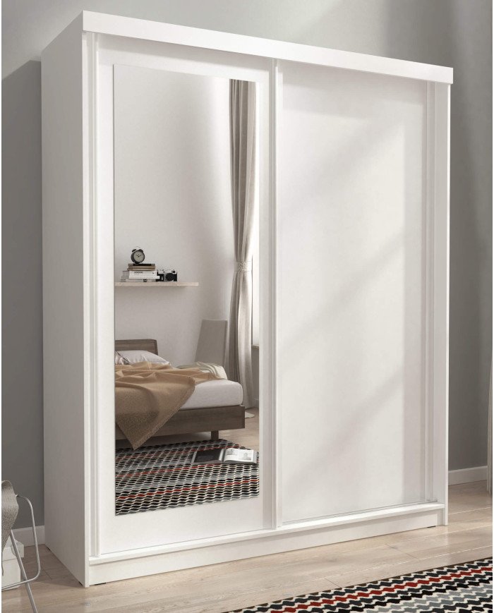 Alaska wardrobe, two doors, 200 cm, sliding, shelves, hanger, mirror, white - Image 3