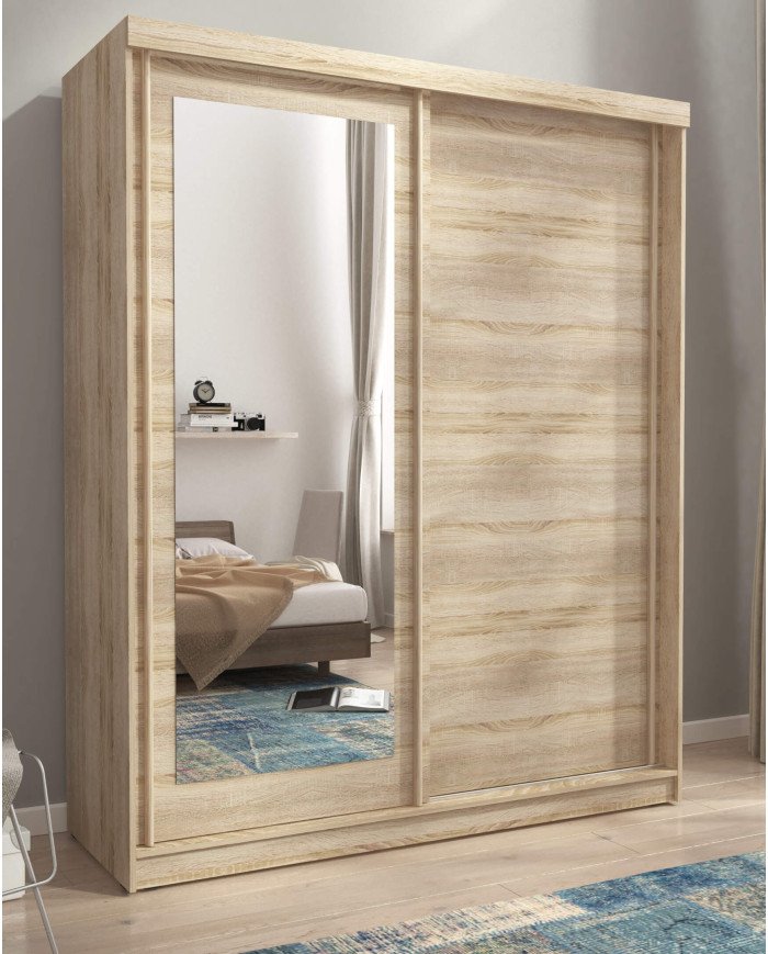 Alaska wardrobe, two doors, 200 cm, sliding, shelves, hanger, mirror, Sonoma oak - Image 3