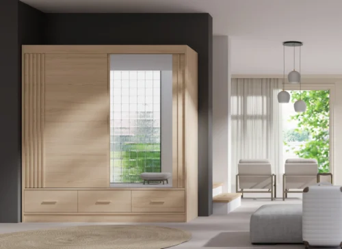 Sliding wardrobe with slats, mirror and drawers, Canada CA11-200