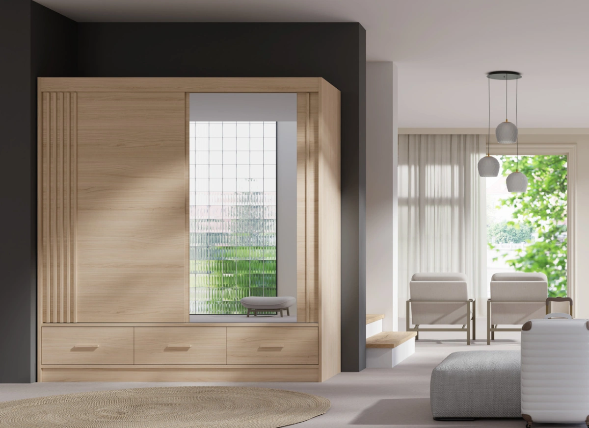 Sliding wardrobe with slats, mirror and drawers, Canada CA11-200