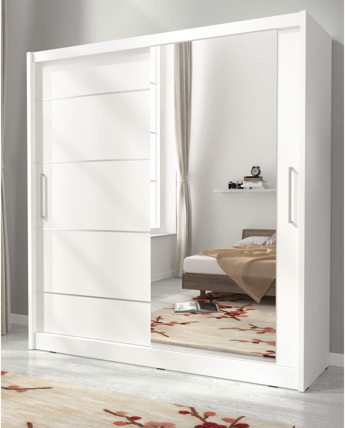 Maja 1 aluminum wardrobe, two-door, 180 cm, sliding, shelves, hanger, mirror, white - Image 5