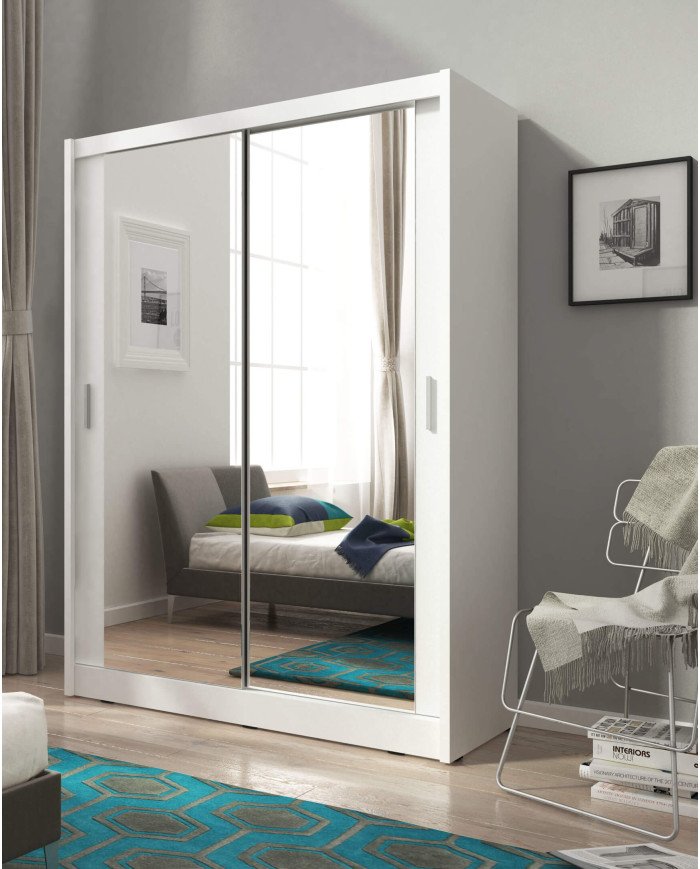 Maja 1 wardrobe, two-door, 130 cm, sliding, shelves, hanger, mirror, white - Image 3