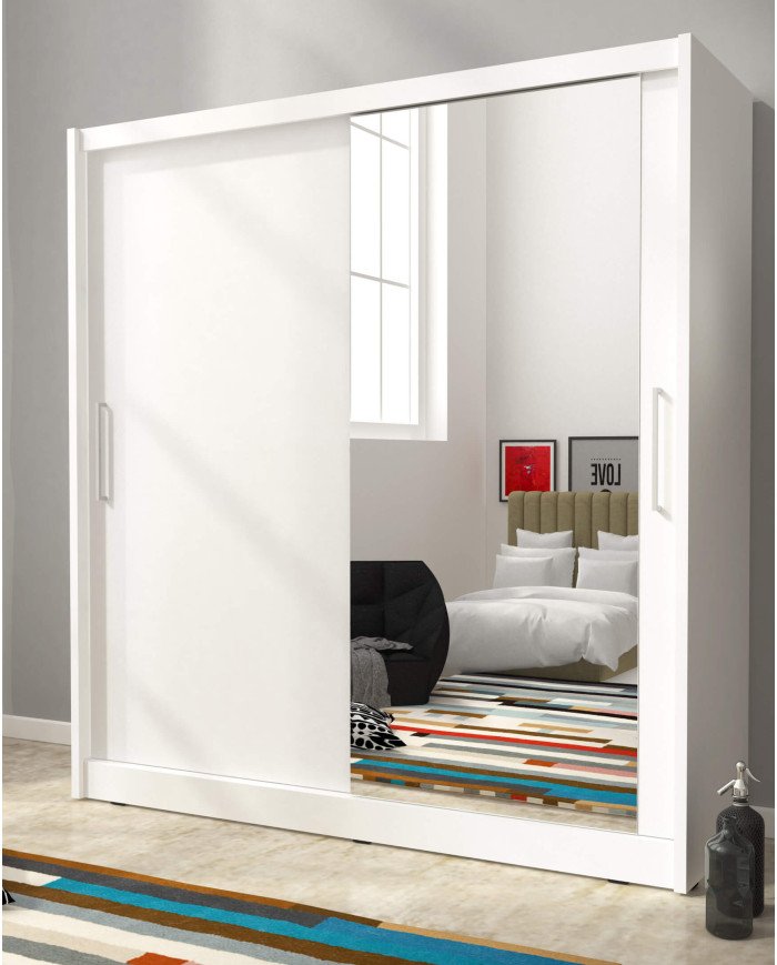 Maja 1 wardrobe, double door, 200 cm, sliding, shelves, hanger, mirror, white - Image 3