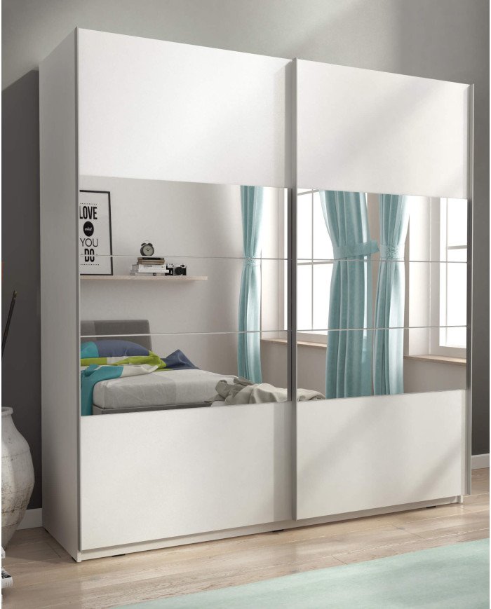 Mika 1 wardrobe, double-door, 150 cm, sliding, shelves, hanging rail, mirrors, white - Image 3