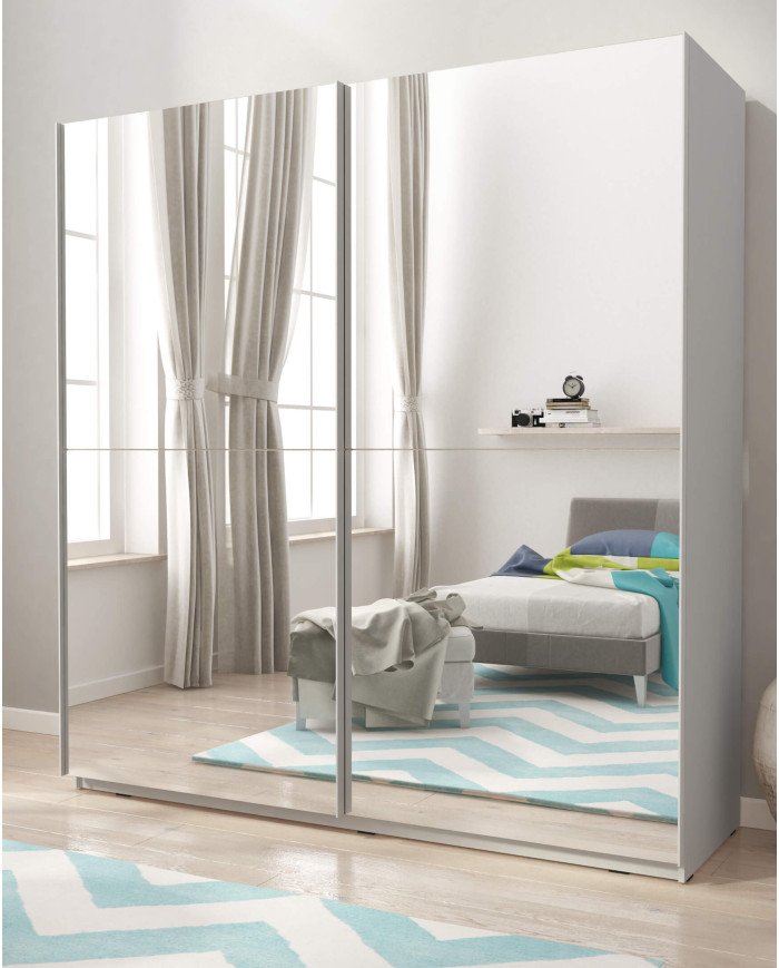 Mika 3 wardrobe, two-door, 150 cm, sliding, shelves, hanging rail, mirrors, white - Image 3