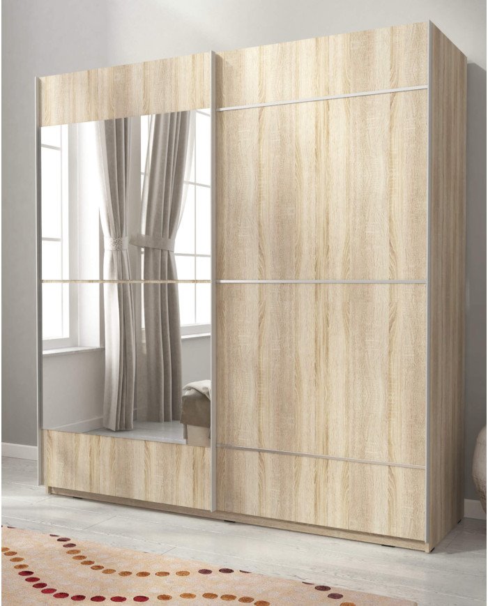 Mika 4 wardrobe, two-door, 150 cm, sliding, shelves, hanger, mirror, Sonoma oak - Image 3