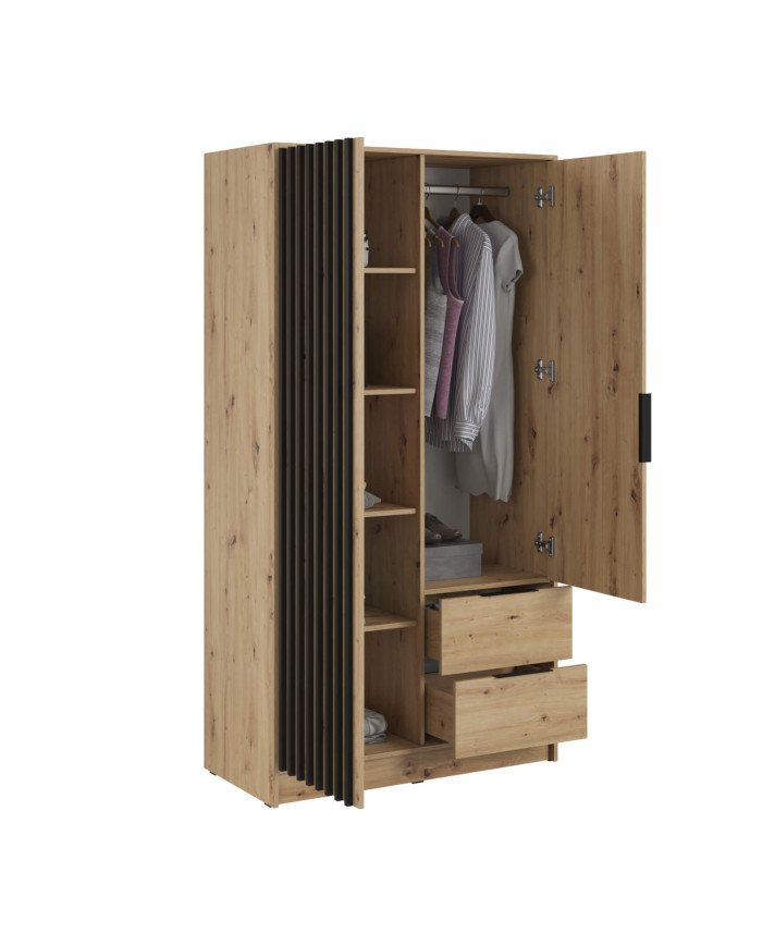 Nelly 100 wardrobe, two doors, shelves, hanger, drawers, mirror, Artisan Oak / black - Image 2