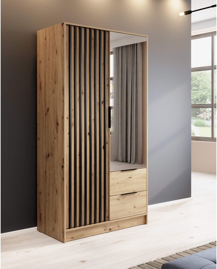 Nelly 100 wardrobe, two doors, shelves, hanger, drawers, mirror, Artisan Oak / black - Image 3
