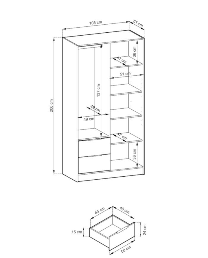 Nelly 100 wardrobe, two doors, shelves, hanger, drawers, mirror, Artisan Oak / black - Image 4