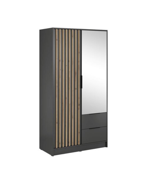 Nelly 100 wardrobe, two doors, shelves, hanger, drawers, mirror, graphite/artisan oak color