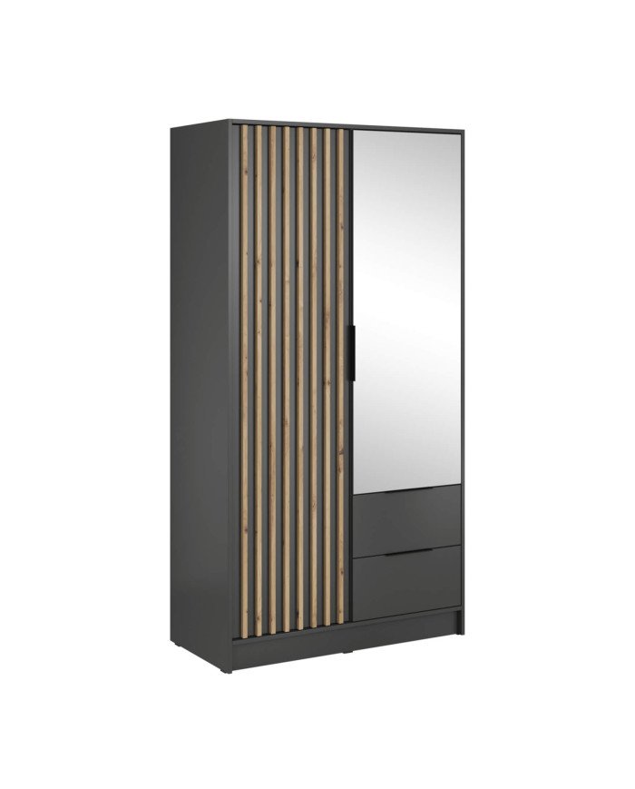 Nelly 100 wardrobe, two doors, shelves, hanger, drawers, mirror, graphite/artisan oak color