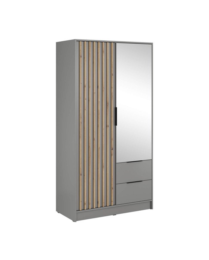 Nelly 100 wardrobe, two doors, shelves, hanger, drawers, mirror, gray/artisan oak