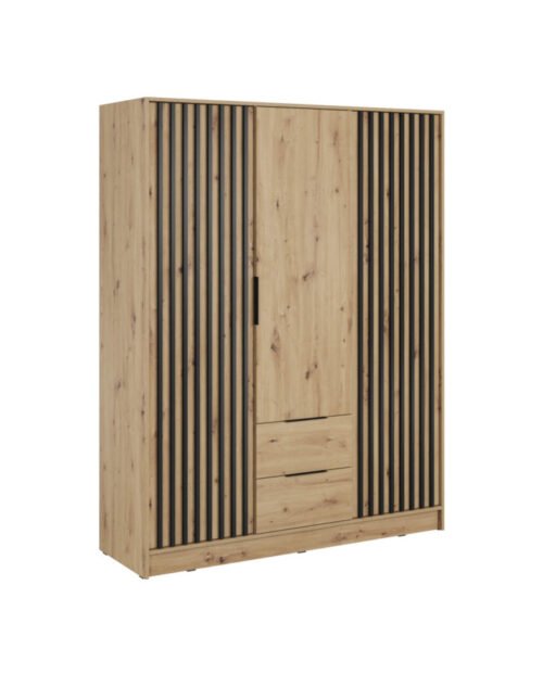 Nelly 3D wardrobe, three doors, 155 cm, shelves, hanger, drawers, Artisan Oak/Black