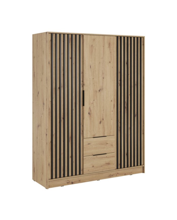 Nelly 3D wardrobe, three doors, 155 cm, shelves, hanger, drawers, Artisan Oak/Black