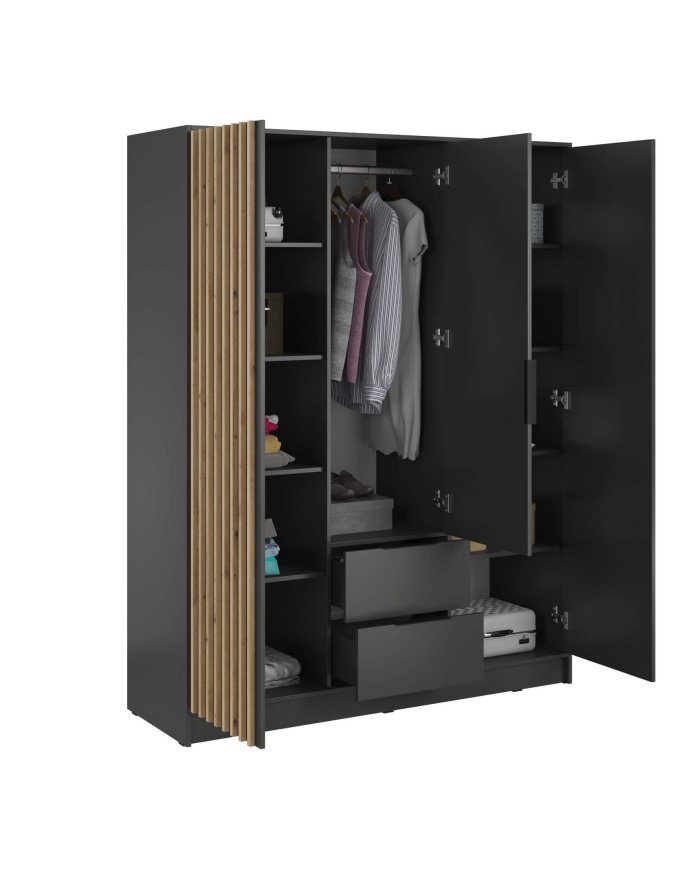 Nelly 3D wardrobe, three doors, 155 cm, shelves, hanger, drawers, graphite/artisan oak color - Image 2
