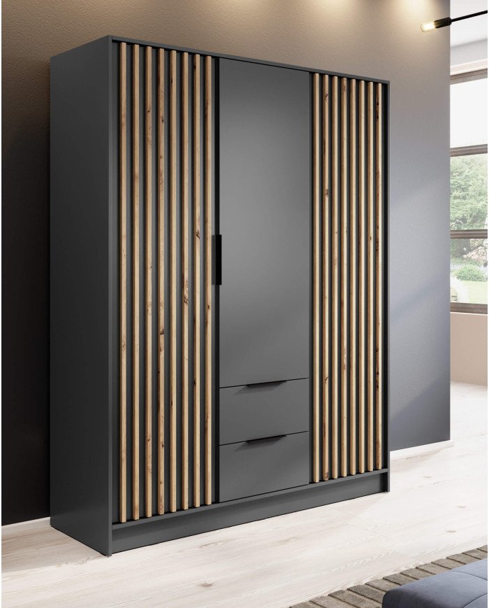 Nelly 3D wardrobe, three doors, 155 cm, shelves, hanger, drawers, graphite/artisan oak color - Image 3