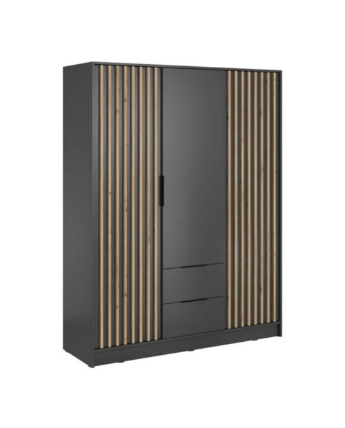 Nelly 3D wardrobe, three doors, 155 cm, shelves, hanger, drawers, graphite/artisan oak color