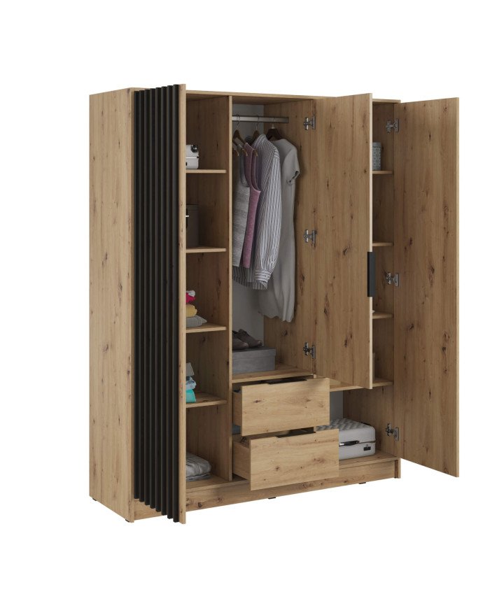 Nelly 3D wardrobe, three doors, 155 cm, shelves, hanger, drawers, mirror, Artisan Oak/Black - Image 2